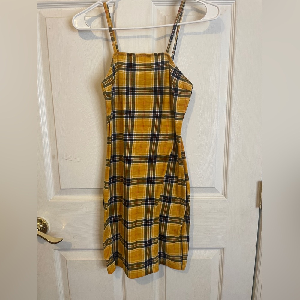 SHEIN Yellow Plaid Midi Dress with Black Accents